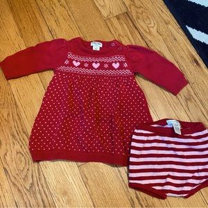 Red Heart sweater dress with matching bottoms, size 3 months